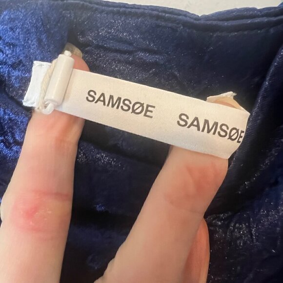 Samsøe Samsøe Nomie Gathered Textured Satin Mini Dress Size Large Navy Blue - Picture 7 of 9